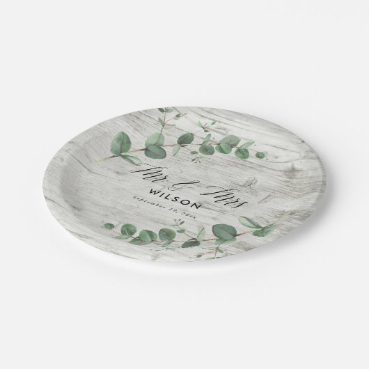 Weißholz-Eukalyptusblätterplatte Pappteller (Schrägansicht)