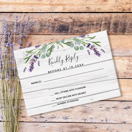 Weißholz-Hochzeitsreaktion auf Lavendel-Grün UAWG RSVP Karte