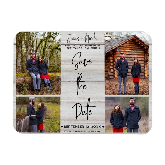 Weißholz Rustikale 4 Fotos Save the Date Hochzeit Magnet (Horizontal)