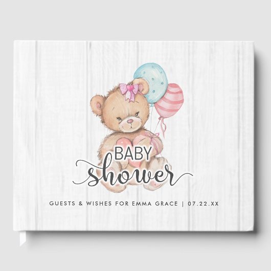 Weißholzballoons & Bärenwünsche für Babydusche Gästebuch (Vorderseite)