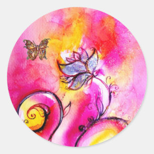 WEISSISCHE BLUME UND GOLDSCHALTFLÄCHE RUNDER AUFKLEBER