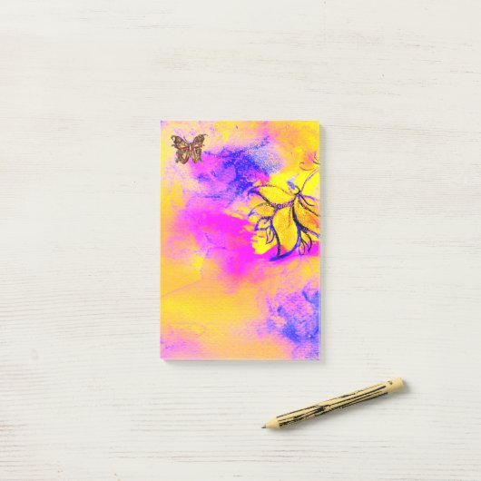 WEISSISCHE BLUME UND SCHALTFLÄCHE Rosa Gelb Post-it Klebezettel (Auf Schreibtisch)