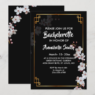 Weißkirschblüten und goldenes Rahmenbachelor Einladung