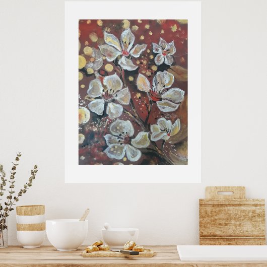 Weißkirsche blüht im Hintergrund Poster (Küche)