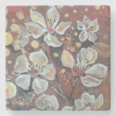 Weißkirsche blüht im Hintergrund Steinuntersetzer (Vorderseite)