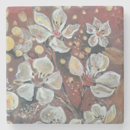 Weißkirsche blüht im Hintergrund Steinuntersetzer (Vorderseite)