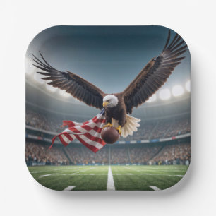 Weißkopfseeadler fliegt mit Football und Flagge Pappteller