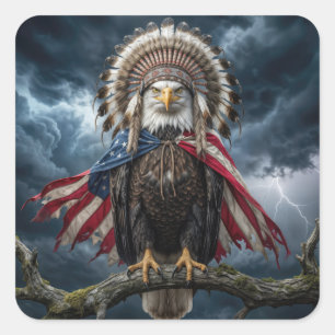 Weißkopfseeadler mit amerikanischer Flaggenumhang Quadratischer Aufkleber