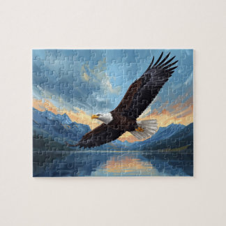Weißkopfseeadler über Bergsee bei Sonnenuntergang Puzzle