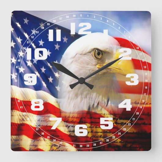 Weißkopfseeadler und die Flagge-Wanduhr Quadratische Wanduhr (Vorderseite)