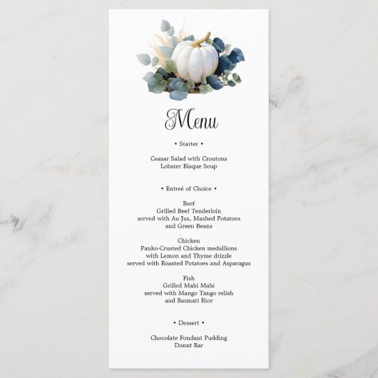 Weißkürbis und Eukalyptus-Grüntöne Brautparty Menükarte (Vorderseite)