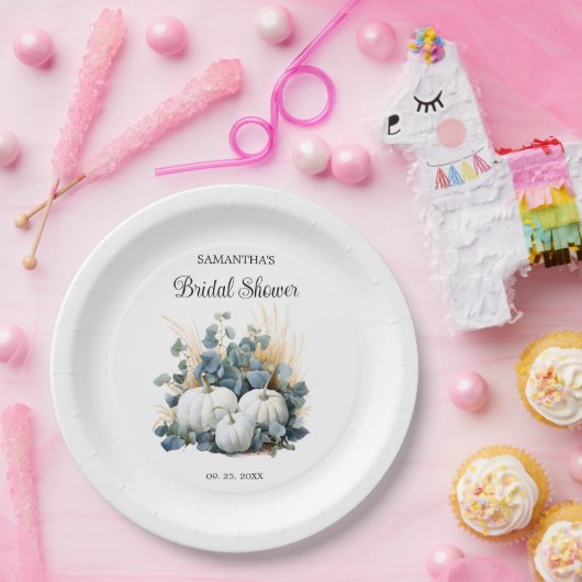 Weißkürbis und Eukalyptus-Grüntöne Brautparty Pappteller (Party)