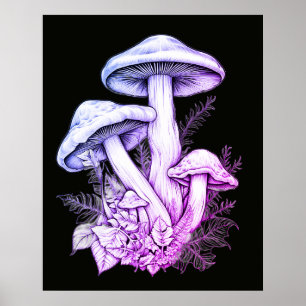 Weißlich violette Pilze Schwarze Hintergrundwand Poster