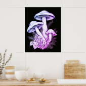 Weißlich violette Pilze Schwarze Hintergrundwand Poster (Küche)