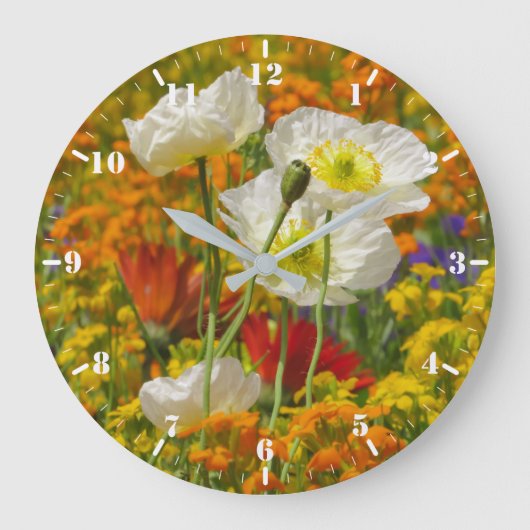 Weißmohn, die um die farbenfrohen Blume wachsen Große Wanduhr (Vorderseite)