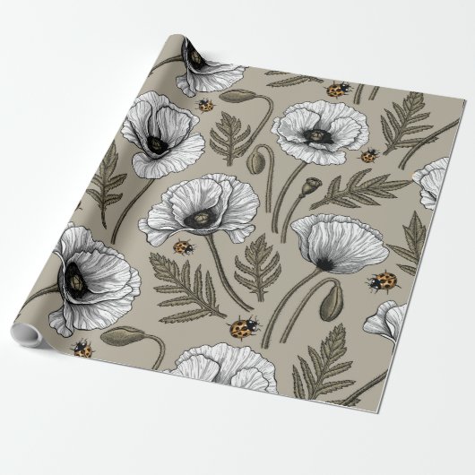 Weißmohn und Ladybugs Geschenkpapier (Ungerollt)
