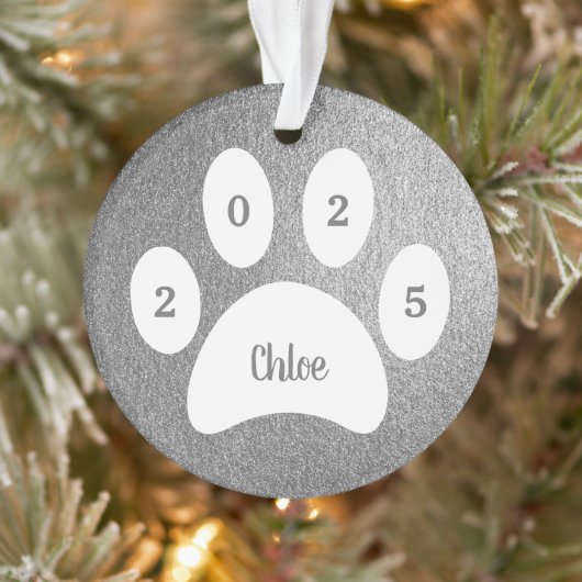 Weißpaw Print Silver Cat Foto mit Name Year Ornament (Baum)