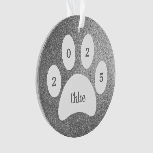 Weißpaw Print Silver Cat Foto mit Name Year Ornament (Vorderseite)