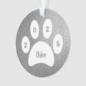 Weißpaw Print Silver Cat Foto mit Name Year Ornament (Vorderseite)
