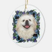 Weißpekingisch mit Stiefmütterchen Keramik Ornament (Links)