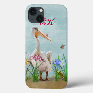 Weißpelikan, Blume und Schmetterlinge, Monogramm Case-Mate iPhone Hülle
