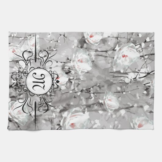 Weißrosa Blume Winterblumengrau Geschirrtuch (Horizontal)