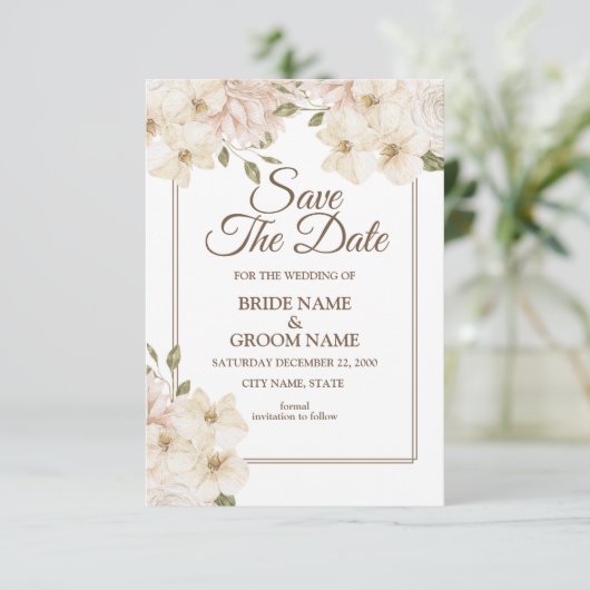 Weißrosa Blumenrahmen Moderne Hochzeit Save The Date (Stehend Vorderseite)