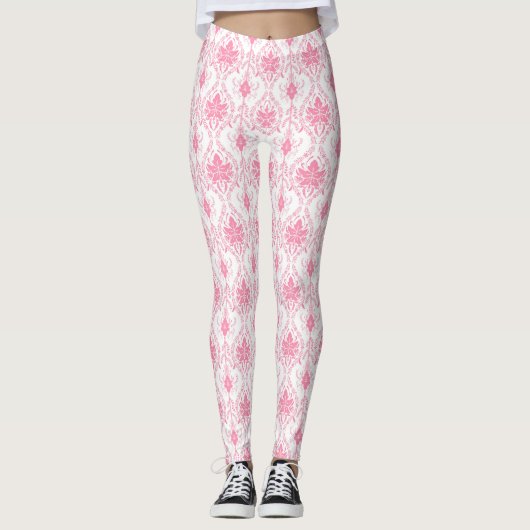 Weißrosa Damastmuster Leggings (Vorderseite)