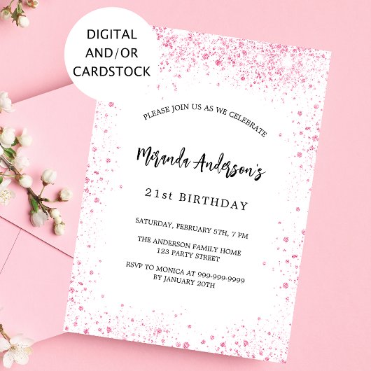 Weißrosa Glitzer zum Geburtstag Glitzern elegant Einladung