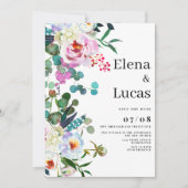 Weißrosa Pink-Pink-Pfefferminz Hochzeit mit Blumen Einladung (Vorderseite)