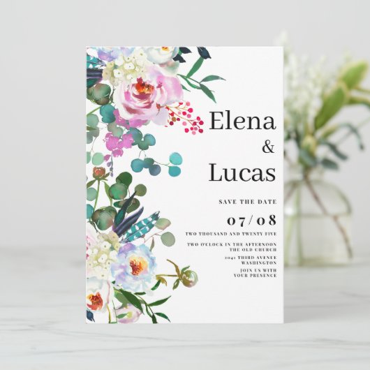 Weißrosa Pink-Pink-Pfefferminz Hochzeit mit Blumen Einladung (Stehend Vorderseite)