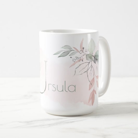 Weißrosa Rose Monogramm Buchstaben U Kaffeetasse (VorderseiteRechts)