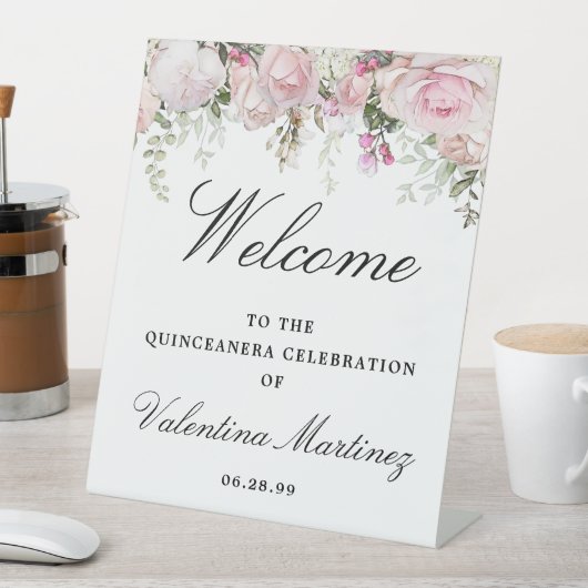 Weißrosa Rosenblume Quinceanera Willkommen Sockelschild (In Situ)