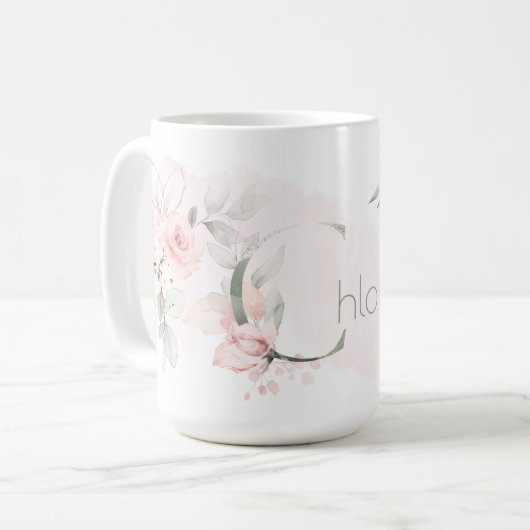 Weißrosa Rosenmonogramm Kaffeetasse (Vorderseite Links)