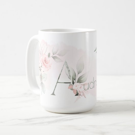 Weißrosa Rosenmonogramm Kaffeetasse (Vorderseite Links)