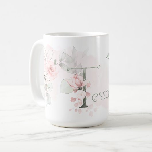 Weißrosa Rosenmonogramm-Letter T Kaffeetasse (Vorderseite Links)