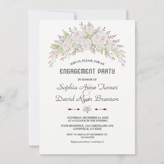 Weißrosa Roses Burgundy Engagement Party Einladung (Vorderseite)