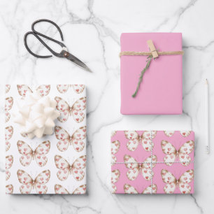Weißrosa Schmetterlingshörer Geburtstag Geschenkpapier Set