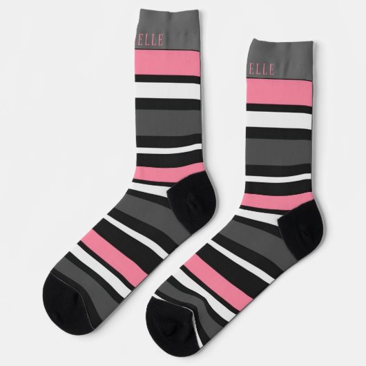 Weißrosa Schwarz, Streifen für Individuelle Name Socken (Linkes Detail)