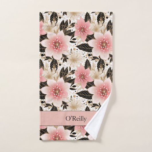 Weißrosa Schwarze Blume Monogram Picklebtuch Handtuch (Handtuch)