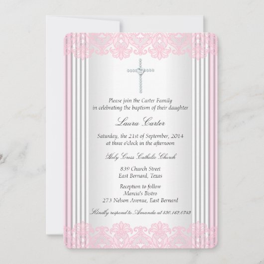 Weißrosa Spitzen Kreuztaufe Christening Einladung (Vorderseite)