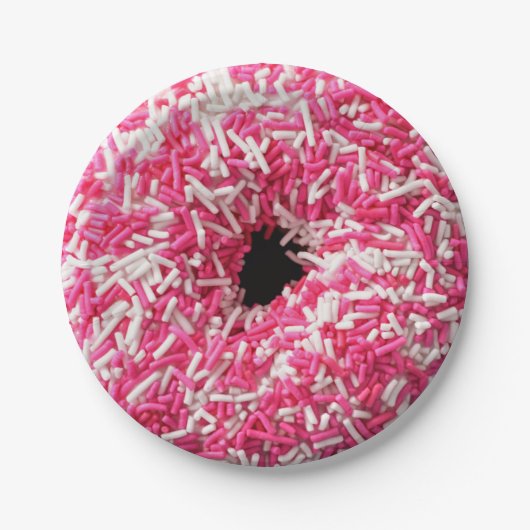 Weißrosa Sprinklen Donut Pappteller (Vorderseite)