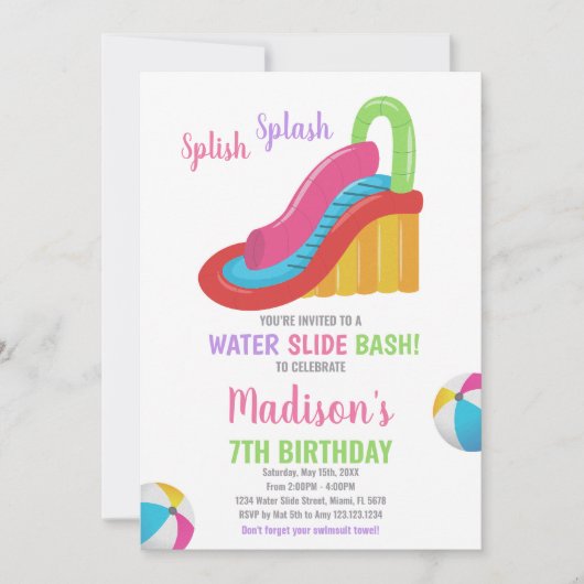 Weißrosa Wasserrutsche Einladung zum Geburtstag (Vorderseite)