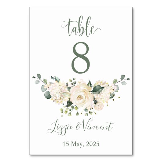 Weißrosen, Hydrangea, grüne Tischnummer (Rückseite)
