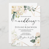 Weißrosen Hydrangeas Grüne Goldene Hochzeit Einladung (Vorne/Hinten)