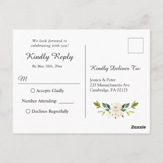 Weißrosen Rustikale Hochzeit RSVP Postkarte (Rückseite)