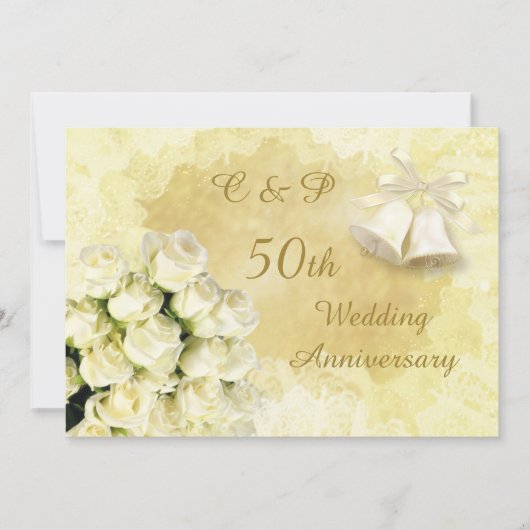 Weißrosen und Glocken 50. Hochzeitstag Einladung (Vorderseite)