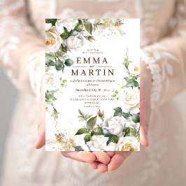 Weißrosen und Goldstaub Elegante Blume Hochzeit Einladung