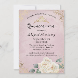 Weißrosen und Vintag rosa Goldpinke Quinceanera Einladung