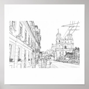 Weißrussland Hrodna Stylized Architecture Sketch P Poster